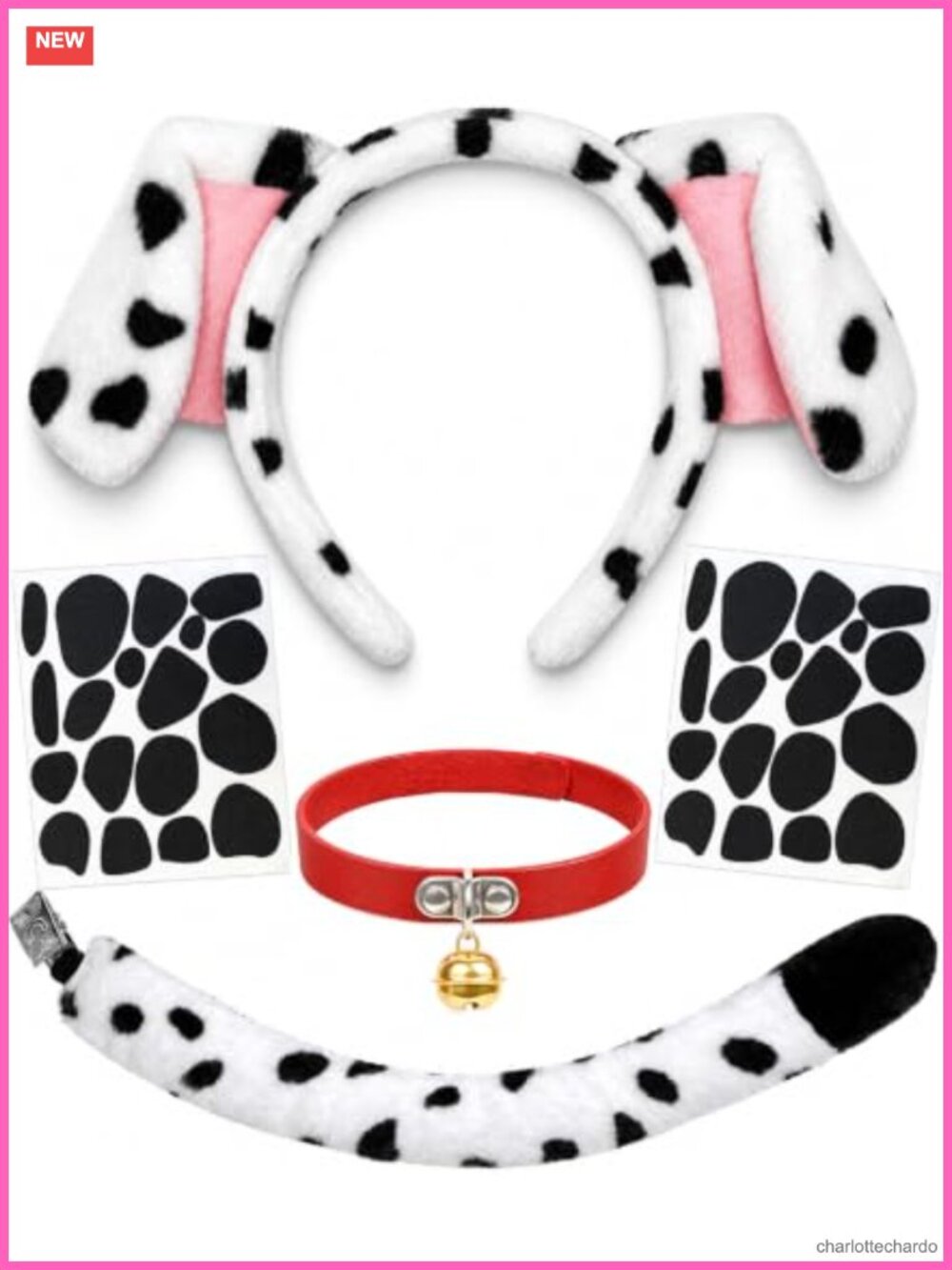 Dalmatian Costume Set Dog Ears Tail Collar Spots Stickers Halloween